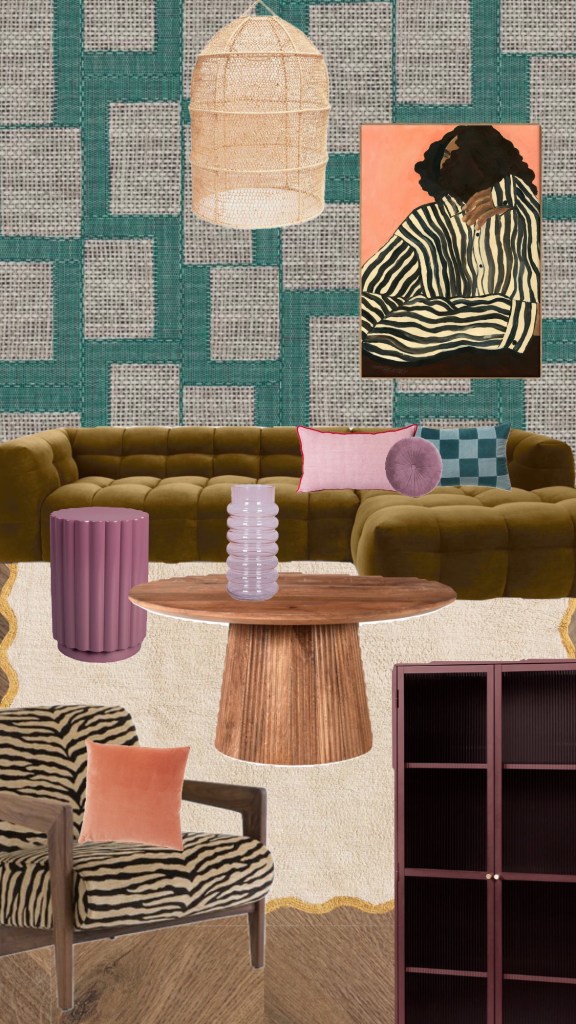 Kleurrijke woonkamer, velvet bank, vrolijke kleuren, eclectisch interieur