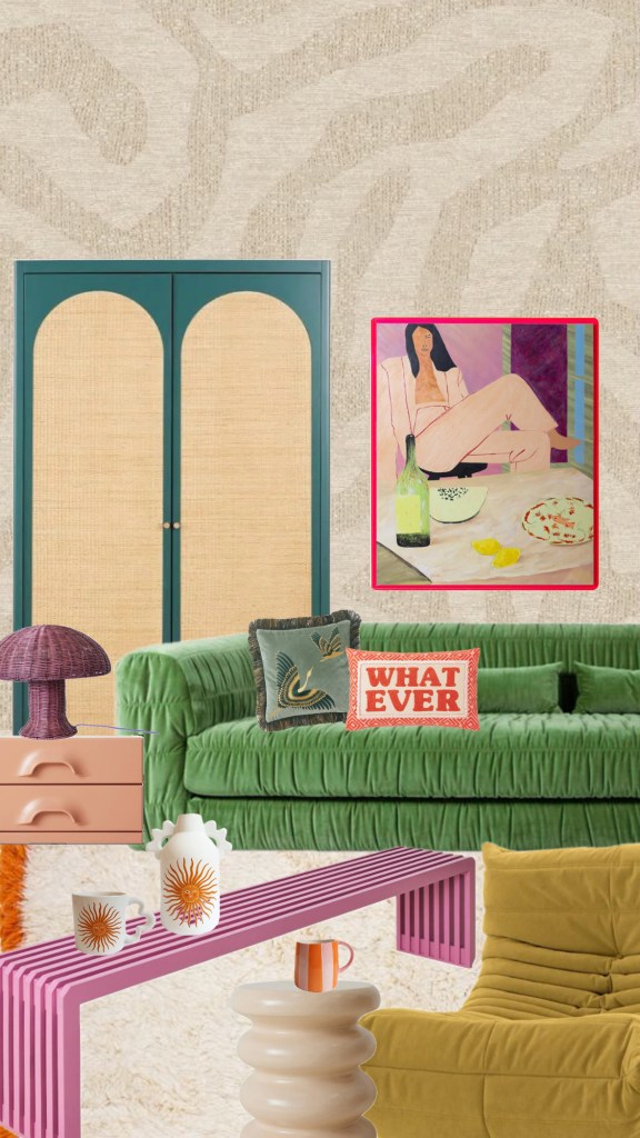 kleurrijke woonkamer met groen roze en geel